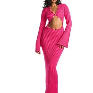 Hanifa Hot Pink Ribbed Maxi Cutout Dress